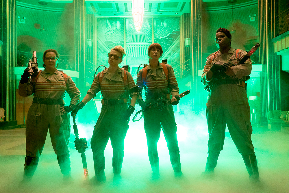 The Ghostbusters Abby (Melissa McCarthy), Holtzmann (Kate McKinnon), Erin (Kristen Wiig) and Patty (Leslie Jones) inside the Mercado Hotel Lobby in Columbia Pictures' GHOSTBUSTERS.