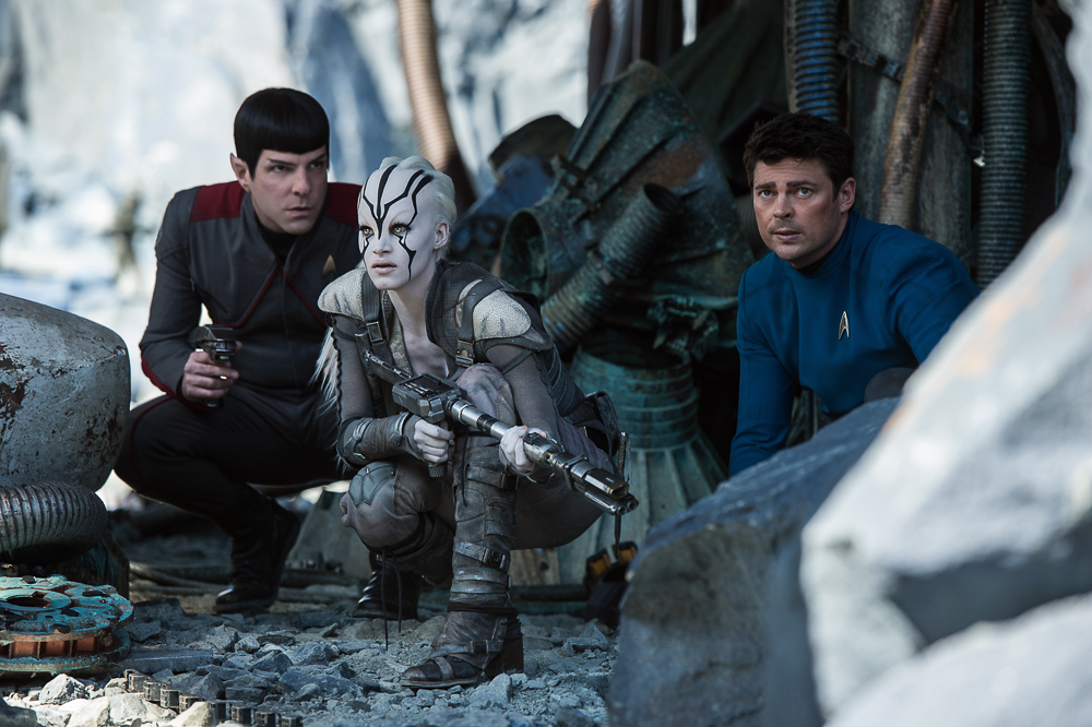 Left to right: Zachary Quinto plays Spock, Sofia Boutella plays Jaylah and Karl Urban plays Bones in Star Trek Beyond from Paramount Pictures, Skydance, Bad Robot, Sneaky Shark and Perfect Storm Entertainment