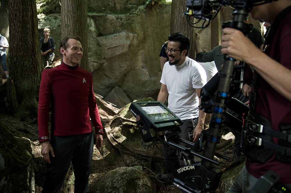 Left to right: Simon Pegg and Director Justin Lin on the set of Star Trek Beyond from Paramount Pictures, Skydance, Bad Robot, Sneaky Shark and Perfect Storm Entertainment