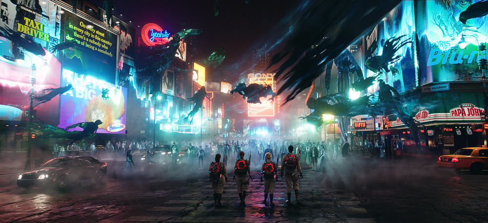 Ghostbusters Abby (Melissa McCarthy), Erin (Kristen Wiig), Holtzmann (Kate McKinnon) and Patty (Leslie Jones) surrounded by ghosts in Times Squares in New York in Columbia Pictures' GHOSTBUSTERS.