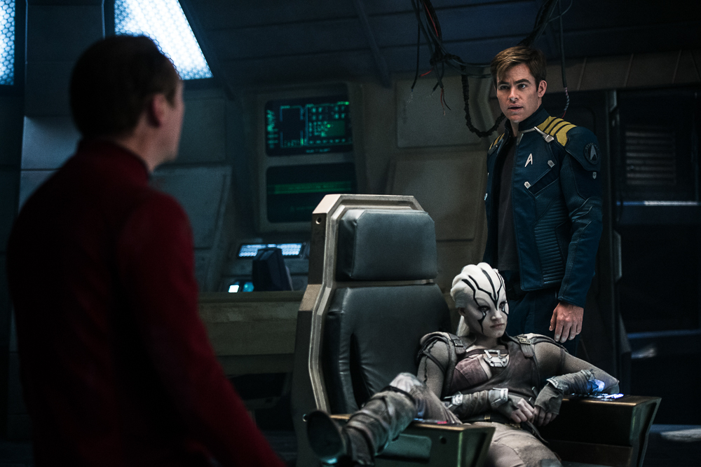 Left to right: Simon Pegg plays Scotty, Sofia Boutella plays Jaylah and Chris Pine plays Kirk in Star Trek Beyond from Paramount Pictures, Skydance, Bad Robot, Sneaky Shark and Perfect Storm Entertainment